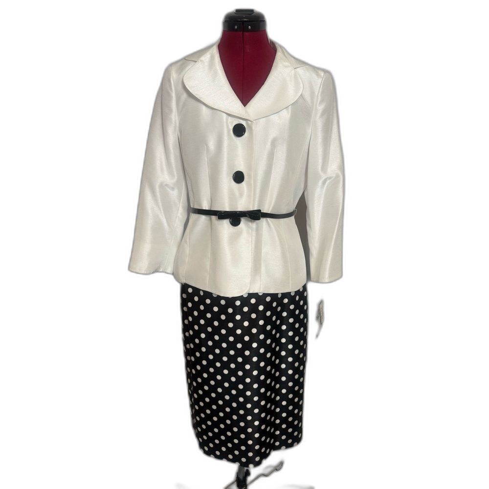 NWT Le Suit Skirt Suit Size 6 Black & White Polka-Dot 2-Piece Set Blazer & Skirt